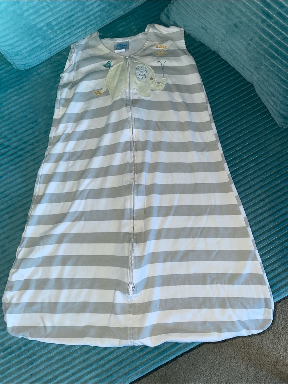 Halo size Medium sleep sack, gray and white striped with elephant appliqué